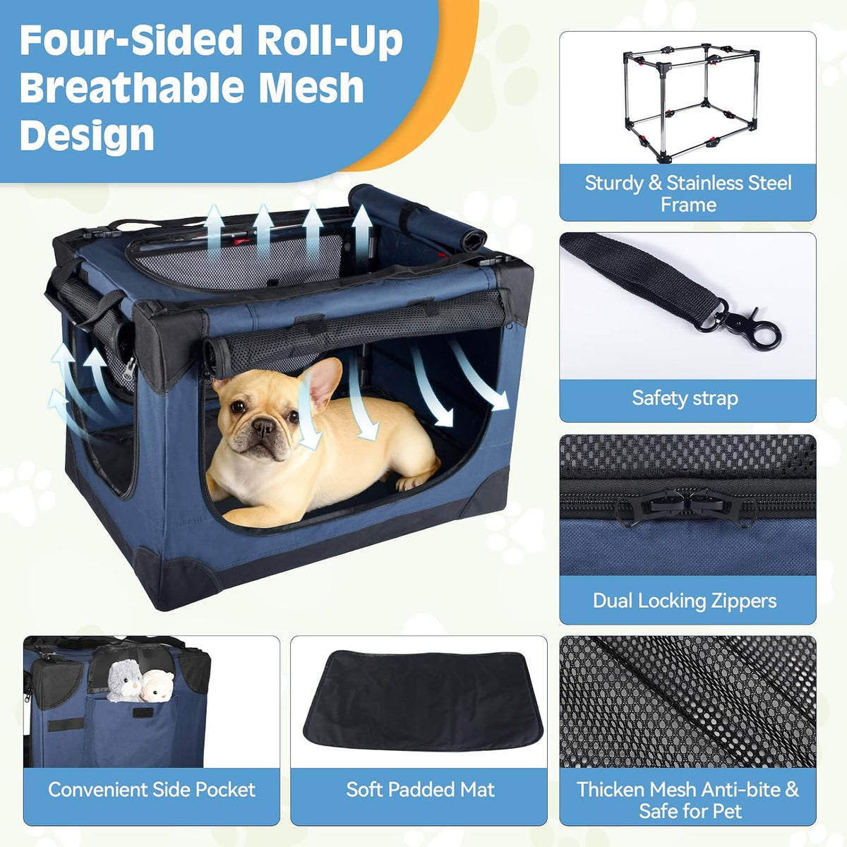 24 Inch Small Dog Crate - for Small Dogs, Portable Travel Pet Crate with 4 Mesh Doors, Foldable Car Kennel for Puppy with Handle for Indoor and Outdoor, Bule