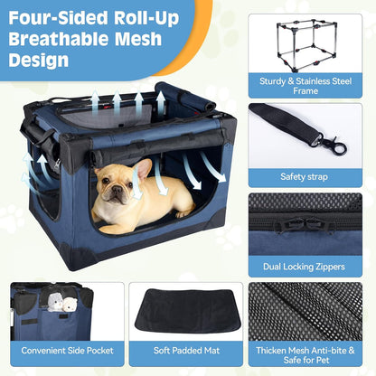24 Inch Small Dog Crate - for Small Dogs, Portable Travel Pet Crate with 4 Mesh Doors, Foldable Car Kennel for Puppy with Handle for Indoor and Outdoor, Bule