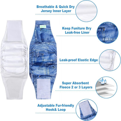 Jeans Washable Male Dog Diapers (Pack of 3) - Washable Male Dog Belly Wrap (Medium)
