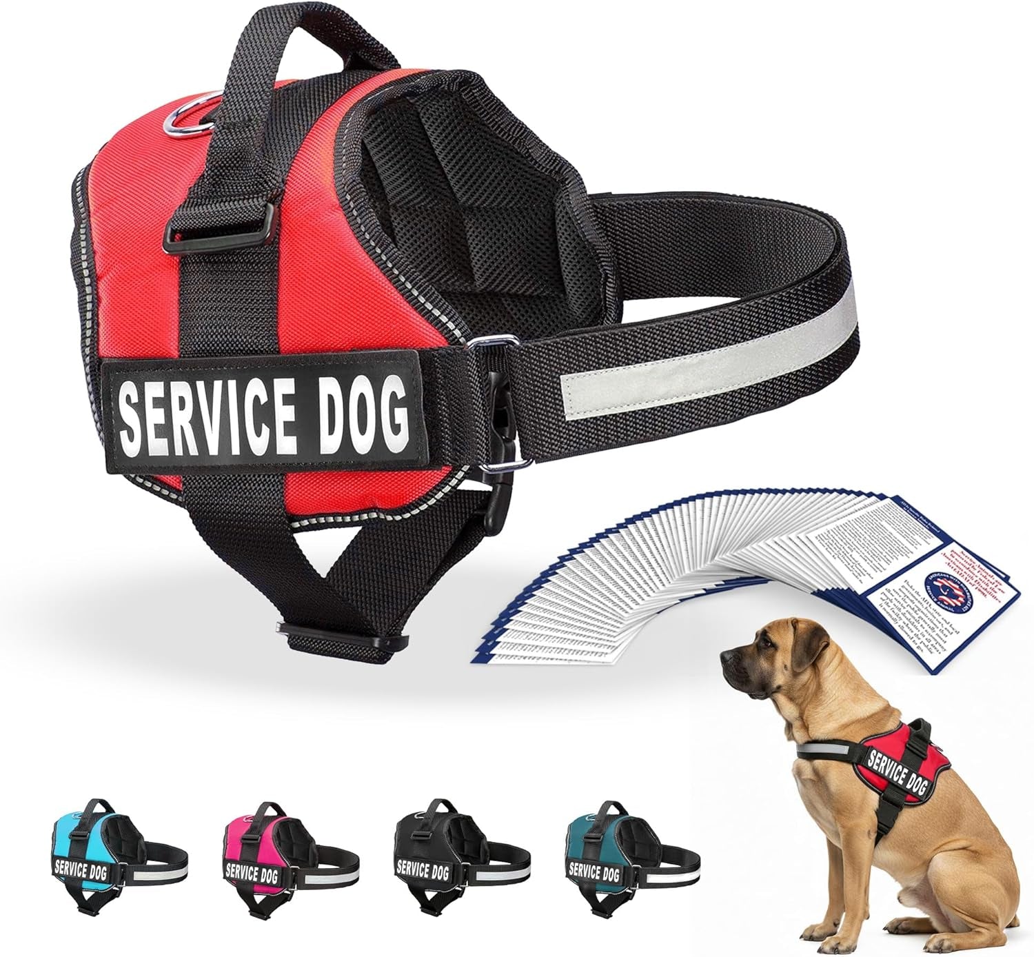 Service Dog Vest Harness - Durable & Adjustable Vest for Dog with Reflective Straps, Removable Patches, 50 ADA Cards, Handle & D-Ring, Travel and Daily Use, (Bright Red, XL 30"-39")