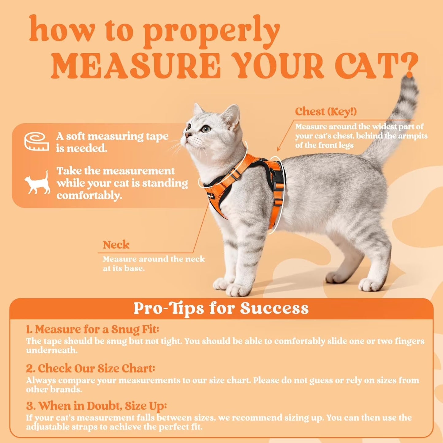 Cat Harness and Leash for Walking, Escape Proof Soft Adjustable Vest Harnesses for Cats, Easy Control Breathable Reflective Strips Jacket, Orange