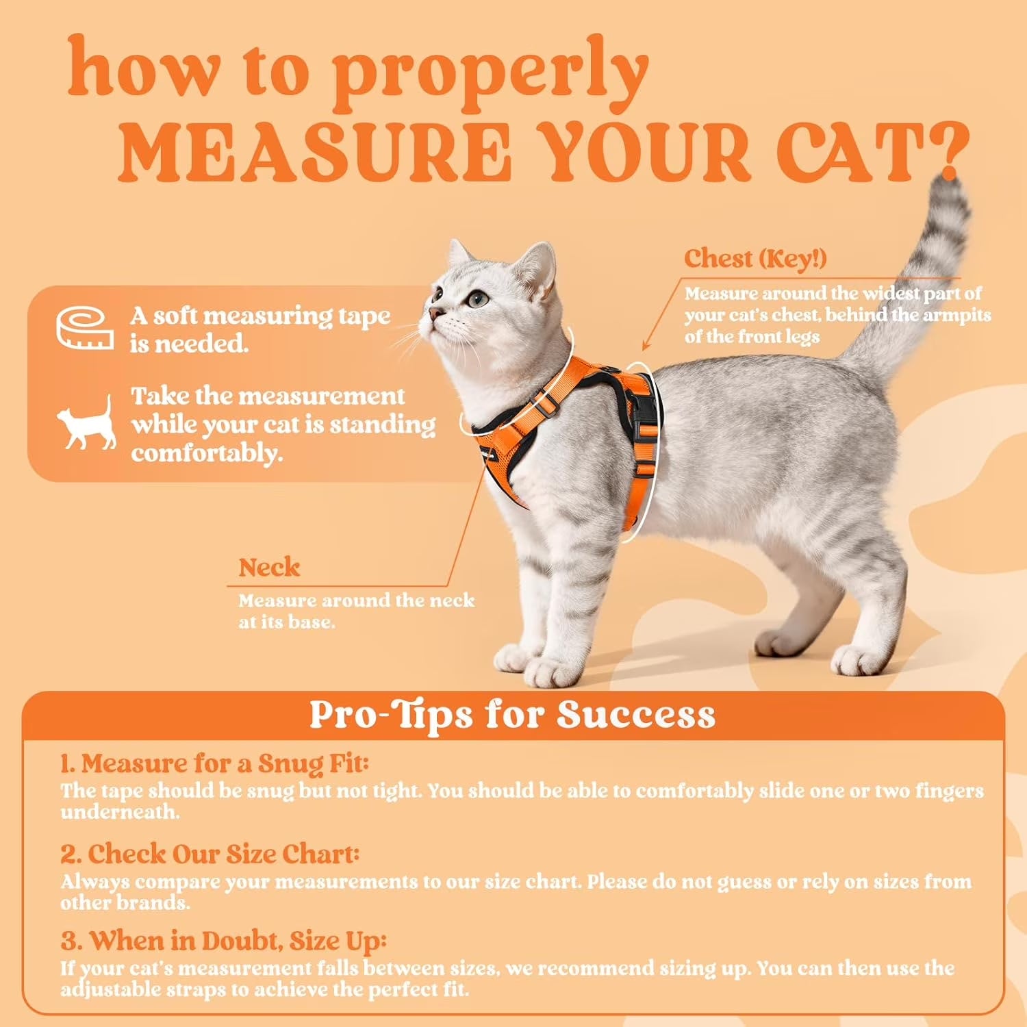 Cat Harness and Leash for Walking, Escape Proof Soft Adjustable Vest Harnesses for Cats, Easy Control Breathable Reflective Strips Jacket, Orange