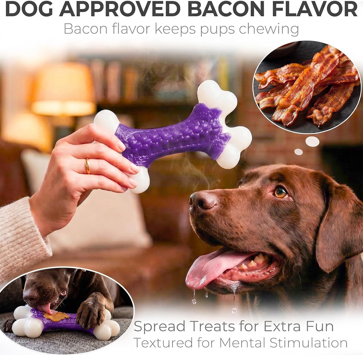 2-Pack Indestructible Dog Toys for Aggressive Chewers: Bacon Flavored Hard Nylon Bone Chew Toys, Tough Dog Chew Toys for Large Dogs, Dog Toys to Keep Them Busy for Medium Large Breed, Purple