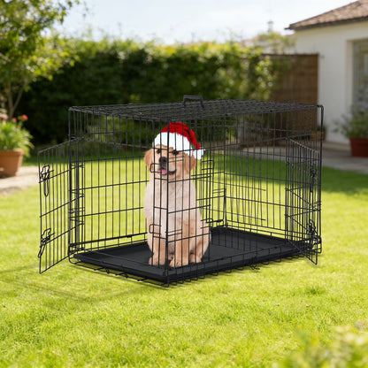 Small Wire Dog Crate, Folding Metal Dog Kennel Double Door Dog Cage with Plastic Tray, Puppy Crate for Small Dog Indoor Outdoor Travel (Black, 24 Inch)