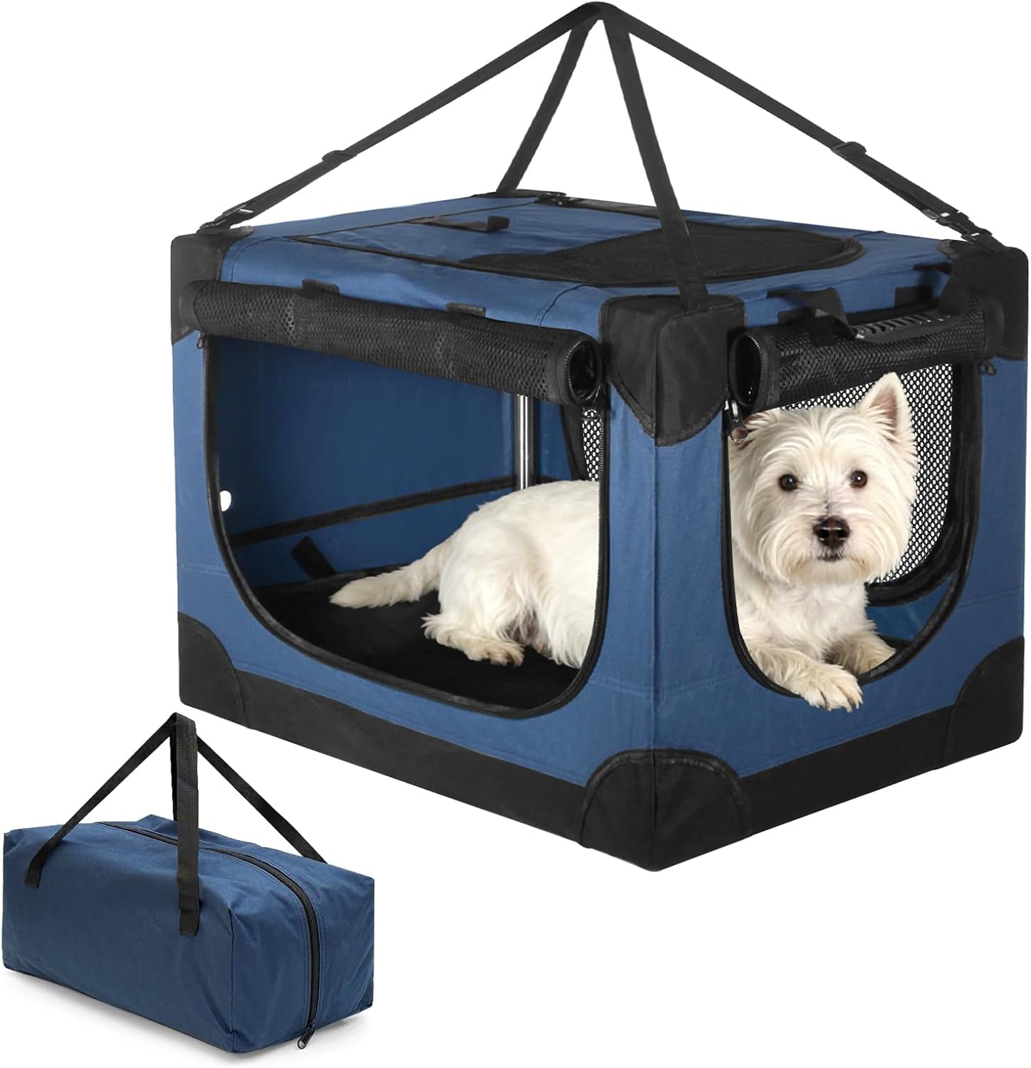 24 Inch Small Dog Crate - for Small Dogs, Portable Travel Pet Crate with 4 Mesh Doors, Foldable Car Kennel for Puppy with Handle for Indoor and Outdoor, Bule