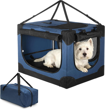 24 Inch Small Dog Crate - for Small Dogs, Portable Travel Pet Crate with 4 Mesh Doors, Foldable Car Kennel for Puppy with Handle for Indoor and Outdoor, Bule