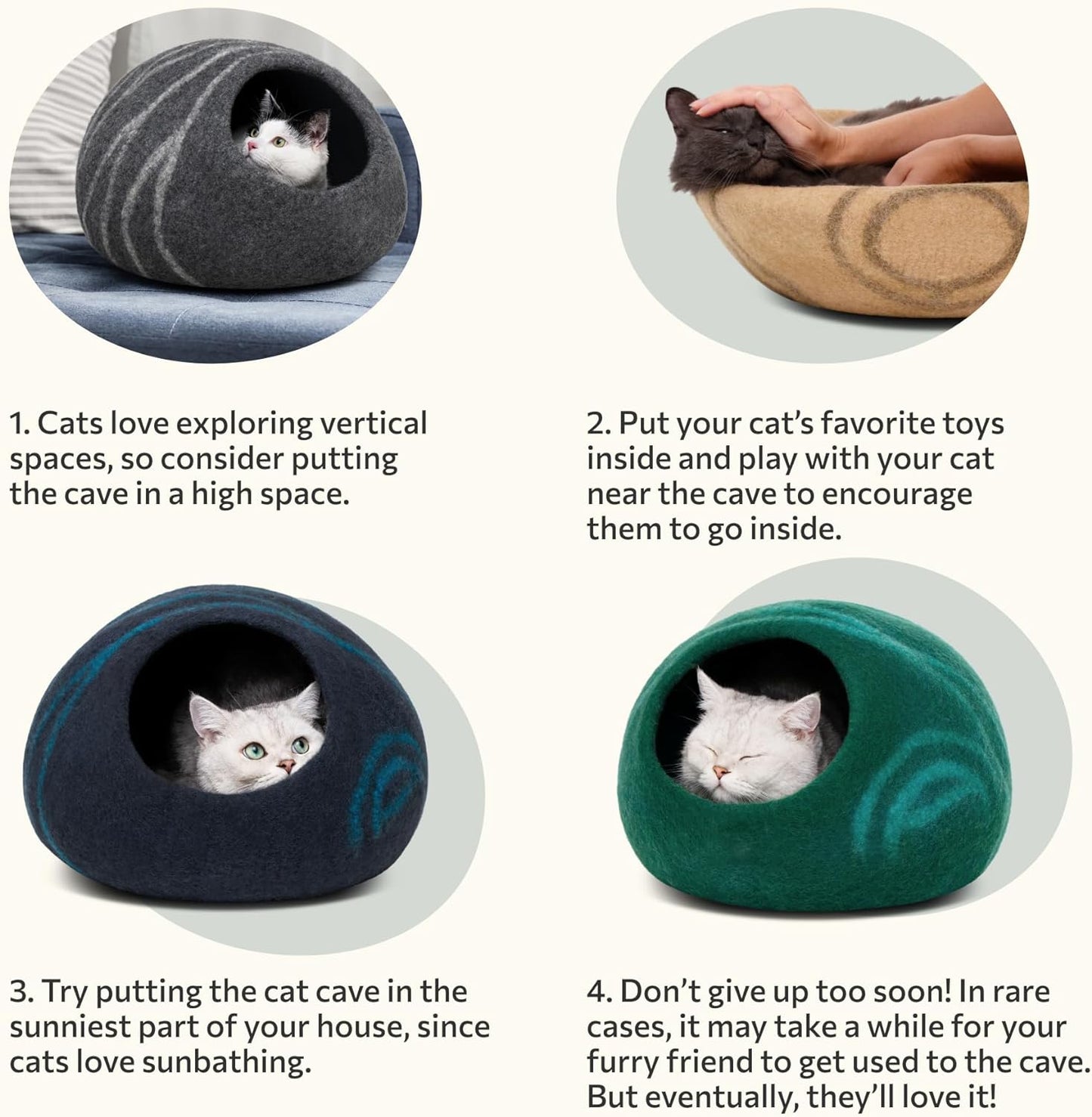 Cat Cave – Premium Felt Cat Bed for Indoor Cats, Handmade Merino Wool (Light Gray, Medium)