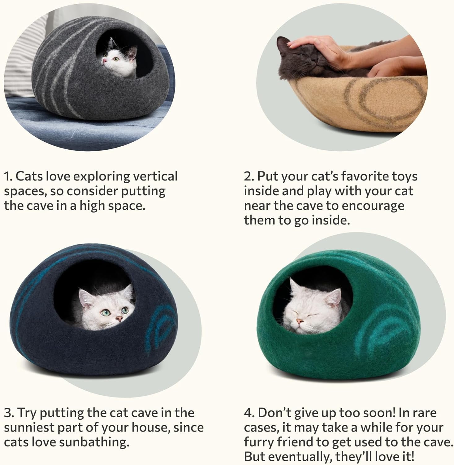 Cat Cave – Premium Felt Cat Bed for Indoor Cats, Handmade Merino Wool (Light Gray, Medium)