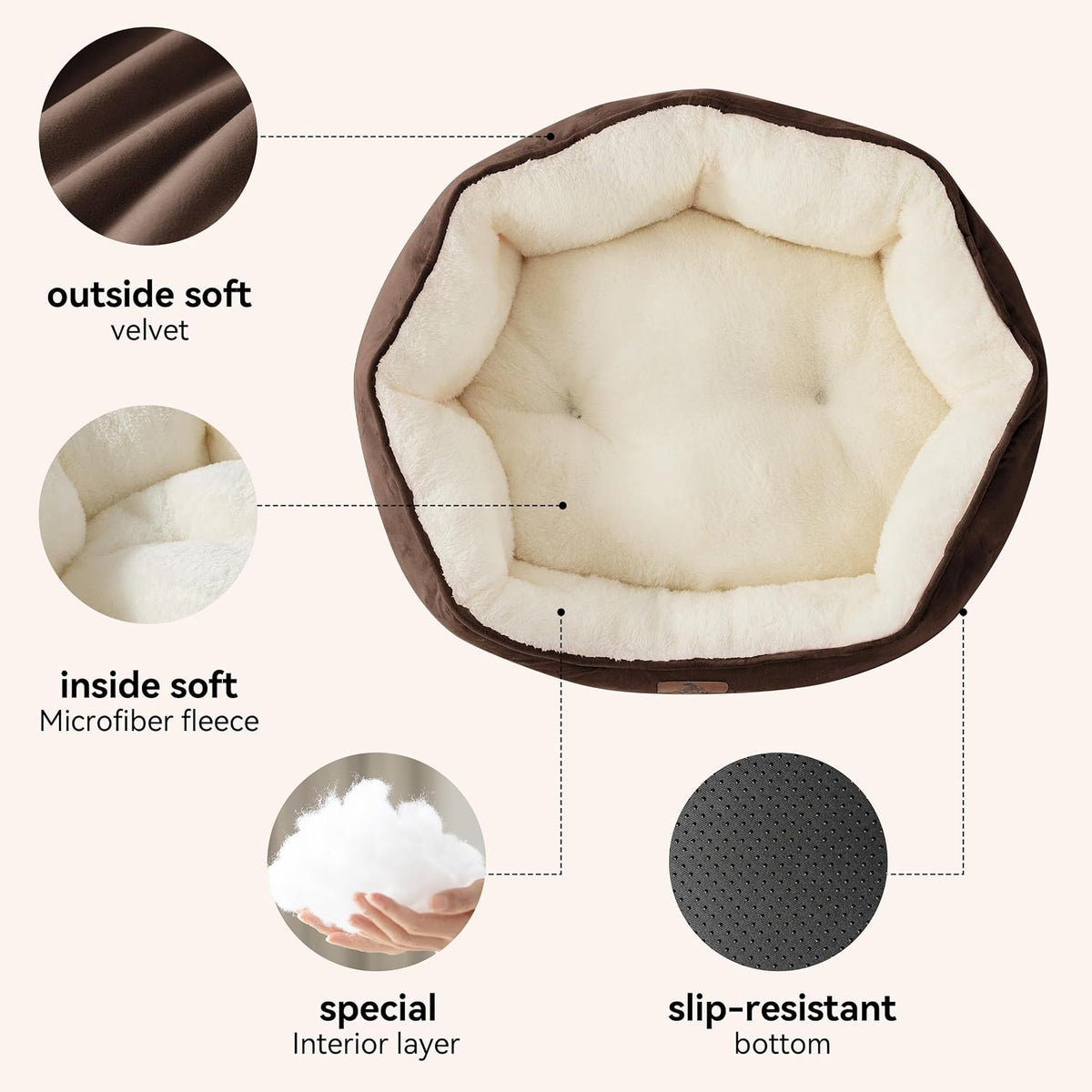 Small Dog Bed for Small Dogs, Cat Beds for Indoor Cats, Pet Bed for Puppy and Kitty, Extra Soft & Machine Washable with Anti-Slip & Water-Resistant Oxford Bottom, Brown, 20 Inches