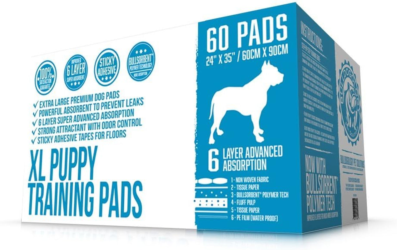 Bulldogology Puppy Pee Pads XL with Adhesive Sticky Tape - Extra Large Dog Training Wee Pads (24X35) 6 Layers with Extra Quick Dry Bullsorbent Polymer Tech (360-Count, White)