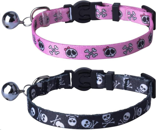 Cat Collar Breakaway with Bells, Kitten Collar Outfit Adjustable for Girl Boy Small Pet Puppy Bunny, Cute Costume Accessory with Safety Release Buckle (Skull)