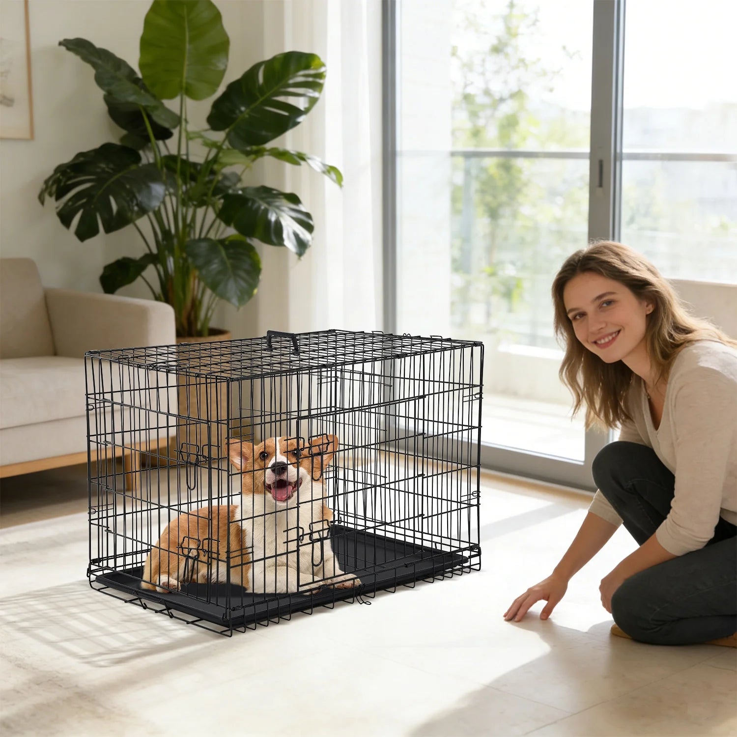 Small Wire Dog Crate, Folding Metal Dog Kennel Double Door Dog Cage with Plastic Tray, Puppy Crate for Small Dog Indoor Outdoor Travel (Black, 24 Inch)