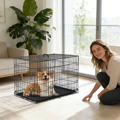 Small Wire Dog Crate, Folding Metal Dog Kennel Double Door Dog Cage with Plastic Tray, Puppy Crate for Small Dog Indoor Outdoor Travel (Black, 24 Inch)