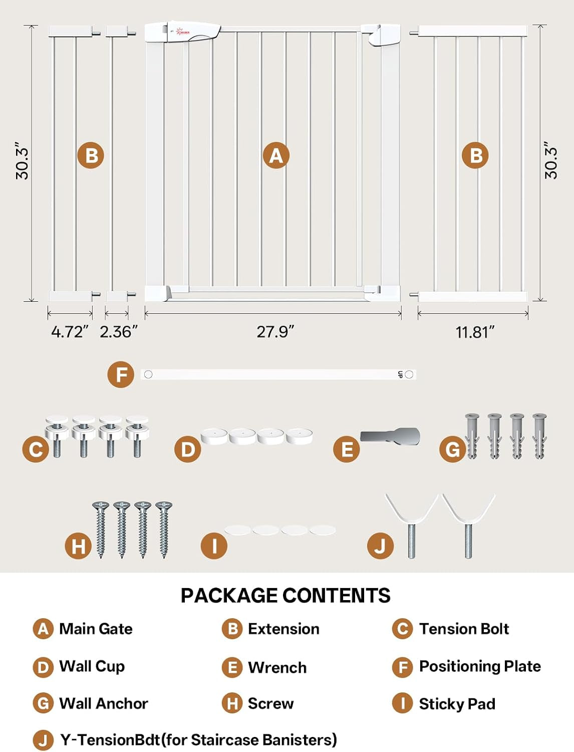 Baby Gate for Indoor Stairs & Doorways: Wide Expandable 27.9-46.8" Metal Safety Gate - Toddler Pets 30" Tall Dog Gate with Easy Install Pressure Mount Dual Lock & 2-Way Swing, White.