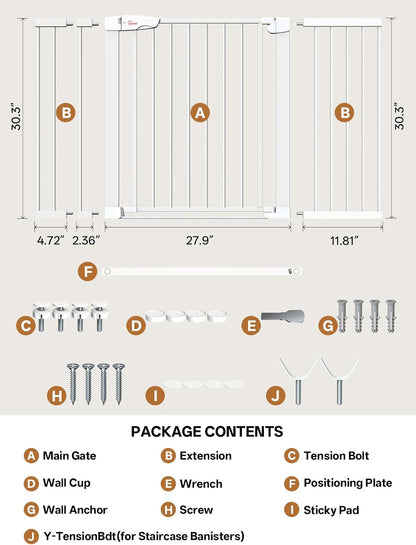 Baby Gate for Indoor Stairs & Doorways: Wide Expandable 27.9-46.8" Metal Safety Gate - Toddler Pets 30" Tall Dog Gate with Easy Install Pressure Mount Dual Lock & 2-Way Swing, White.