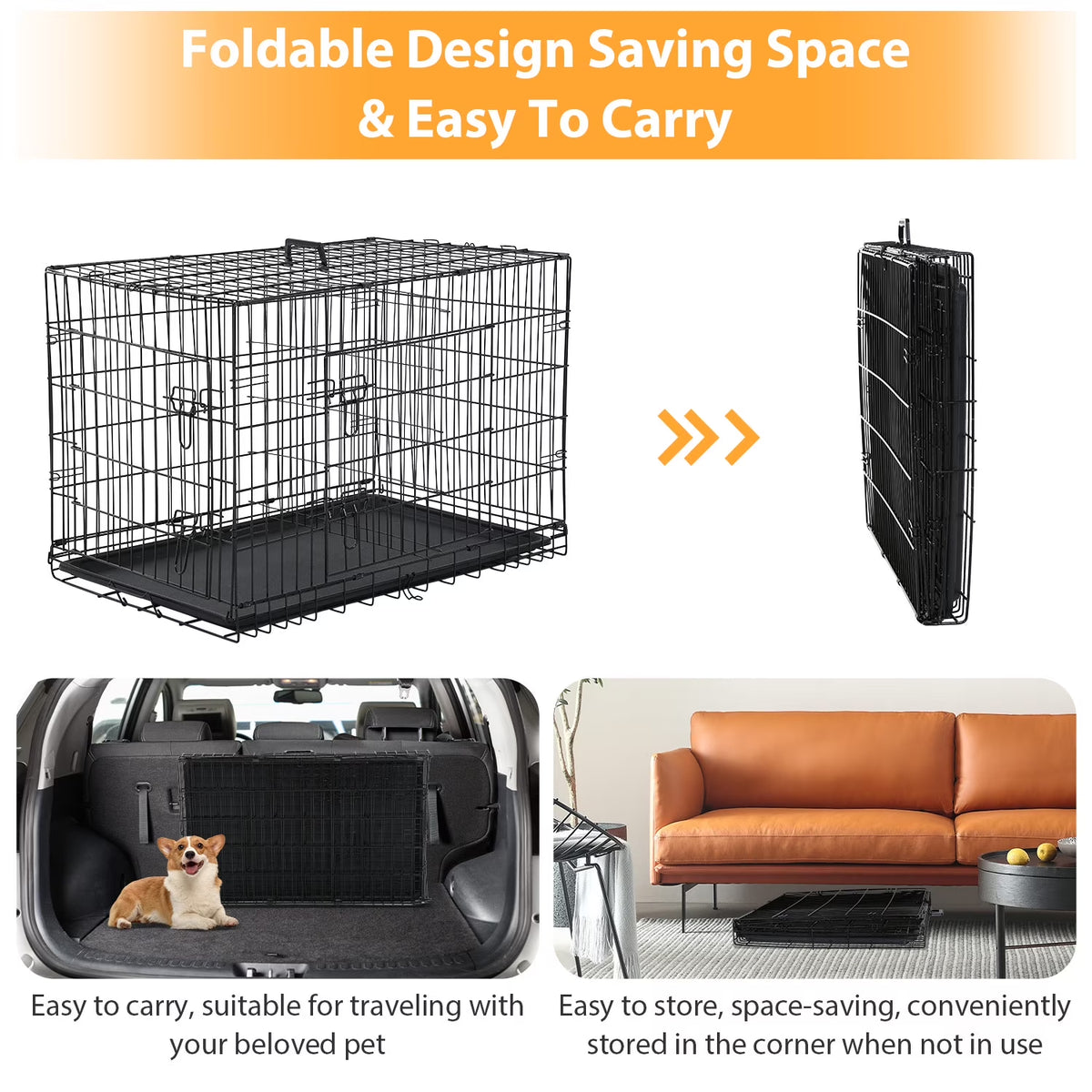 Small Wire Dog Crate, Folding Metal Dog Kennel Double Door Dog Cage with Plastic Tray, Puppy Crate for Small Dog Indoor Outdoor Travel (Black, 24 Inch)