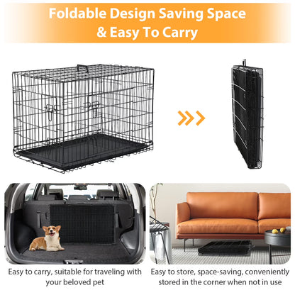 Small Wire Dog Crate, Folding Metal Dog Kennel Double Door Dog Cage with Plastic Tray, Puppy Crate for Small Dog Indoor Outdoor Travel (Black, 24 Inch)