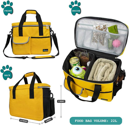 Dog Travel Bag, Travel Pet Bag Organizer, Dog Food Travel Bag with Container Collapsible Bowls, Pet Travel Supplies Gift Accessories for Weekend Camping, Puppy Cat Diaper Bag, Yellow Medium