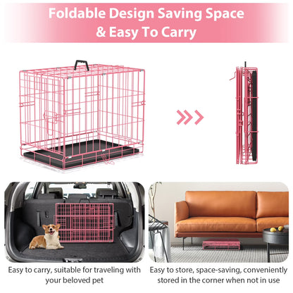 18 Inch Small Dog Crate, Metal Wire Folding Dog Kennel Cage with Leak-Proof Pan, Portable Puppy Crate Cage for Small Dogs, Pink